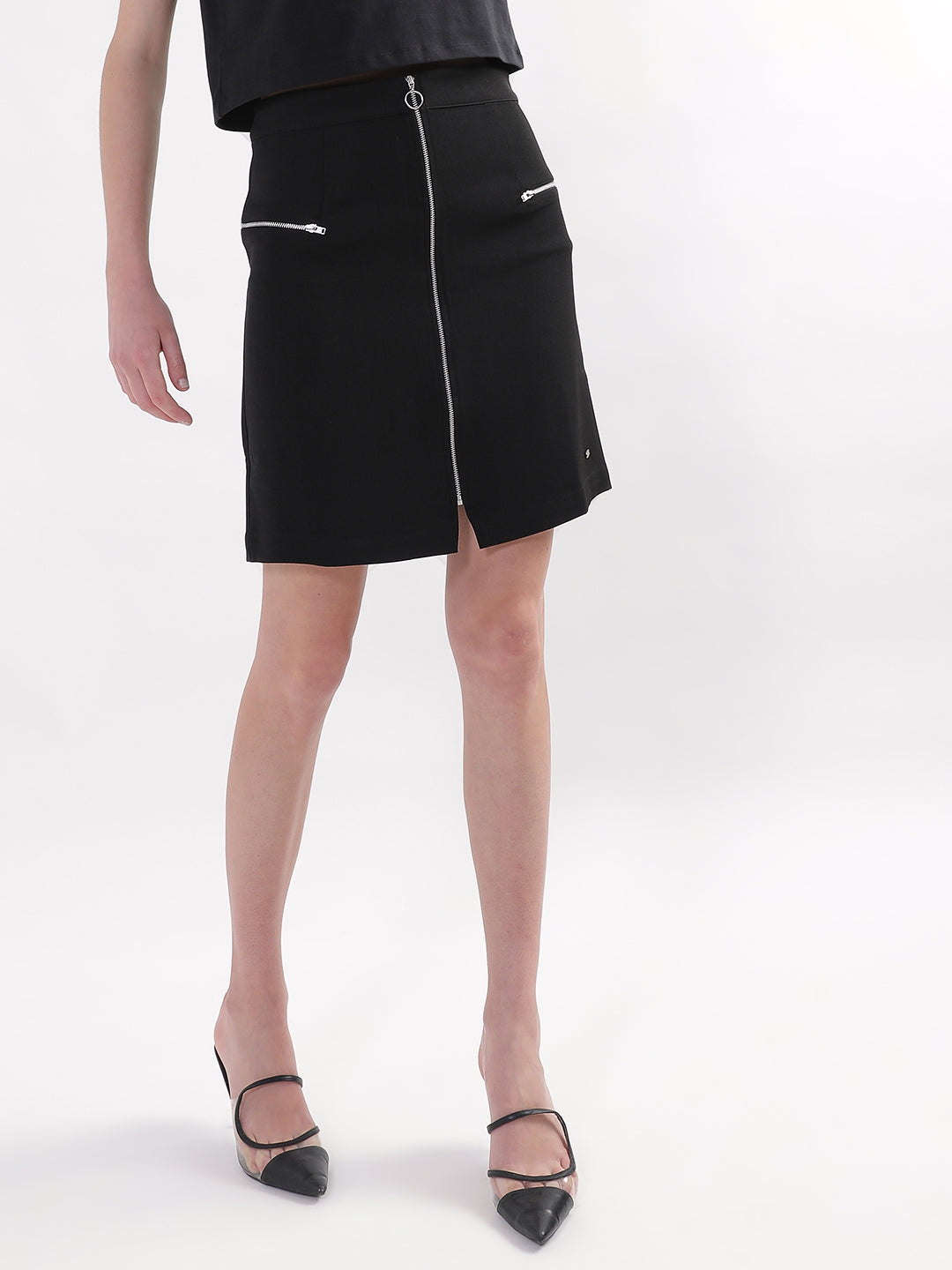 Elle Women Black Solid Regular Fit Mid-Rise Skirt