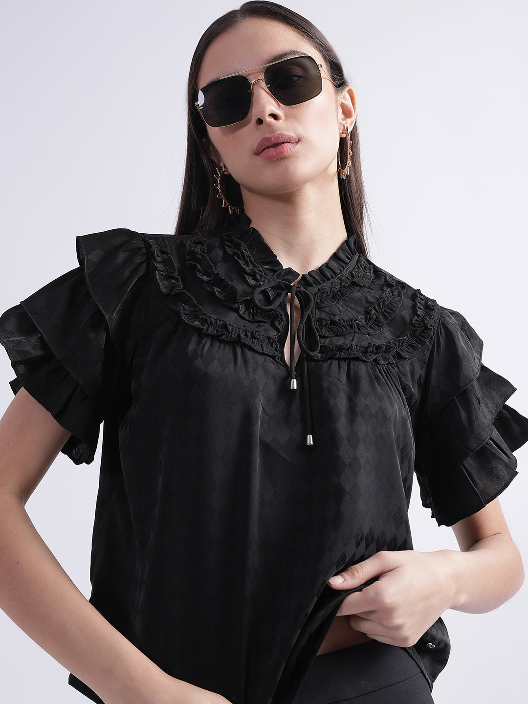 Elle Women Black Printed Tie-Up Neck Short Sleeves Top