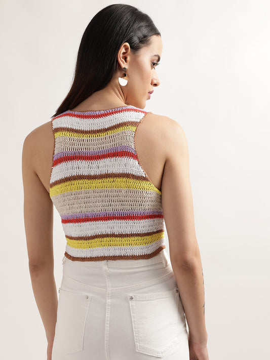 Elle Women Multicolor Striped Square Neck Sleeveless Top