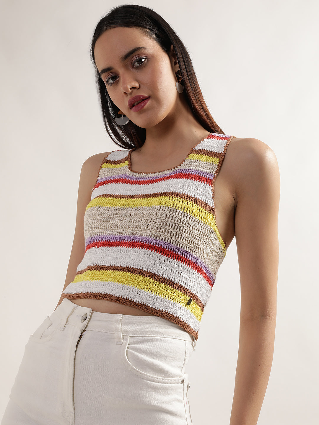 Elle Women Multicolor Striped Square Neck Sleeveless Top