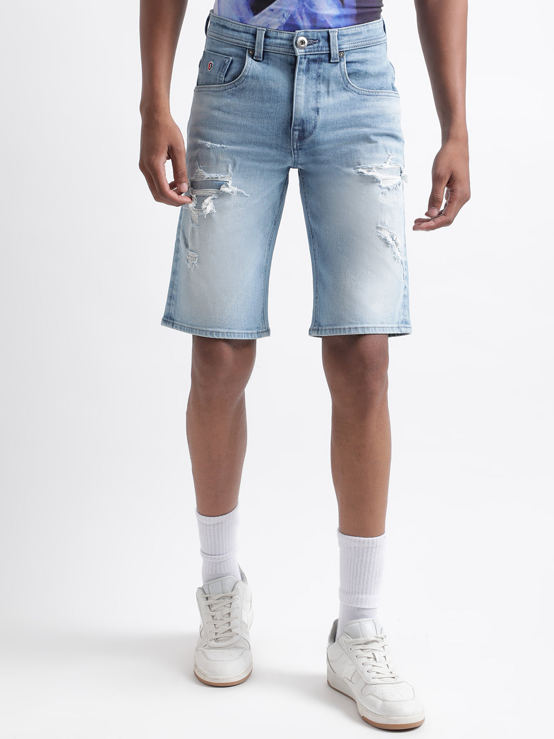 Iconic Men Blue Washed Regular Fit Mid-Rise Shorts