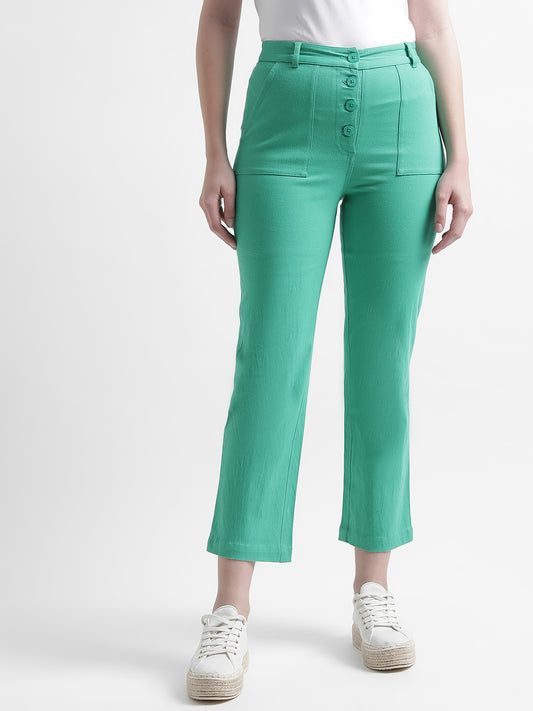 Iconic Women Green Solid Straight Fit Mid-Rise Trouser