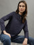 Iconic Women Navy Blue Printed Round Neck Full Sleeves Top