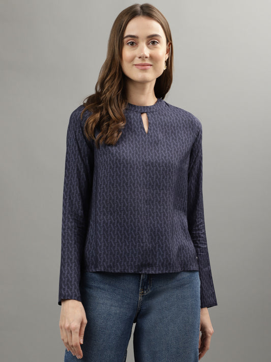 Iconic Women Navy Blue Printed Round Neck Full Sleeves Top