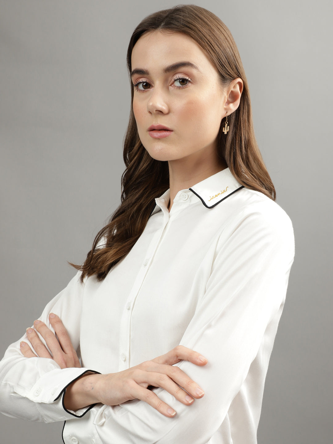 Iconic Women White Solid Spread Collar Full Sleeves Shirt