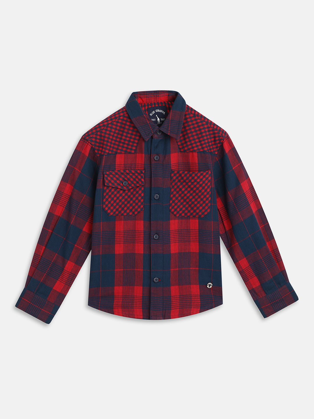 Blue Giraffe Boys Red Checked Spread Collar Full Sleeves Shirt