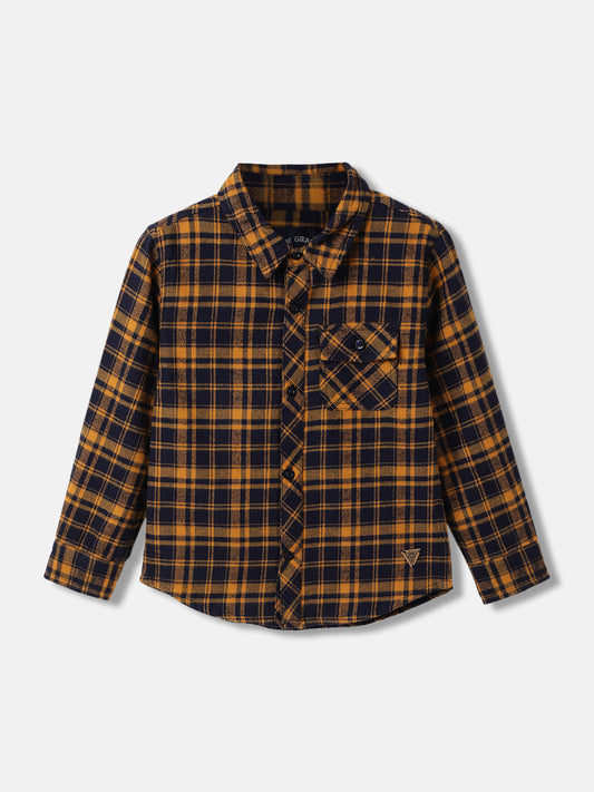 Blue Giraffe Boys Yellow Checked Spread Collar Full Sleeves Shirt