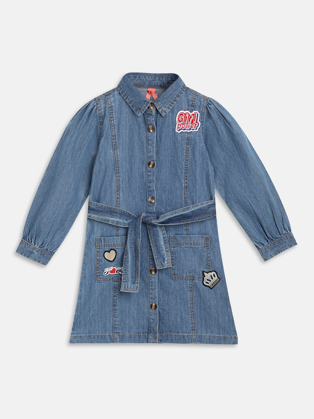 Blue Giraffe Girls Blue Washed Spread Collar Full Sleeves A-Line Dress