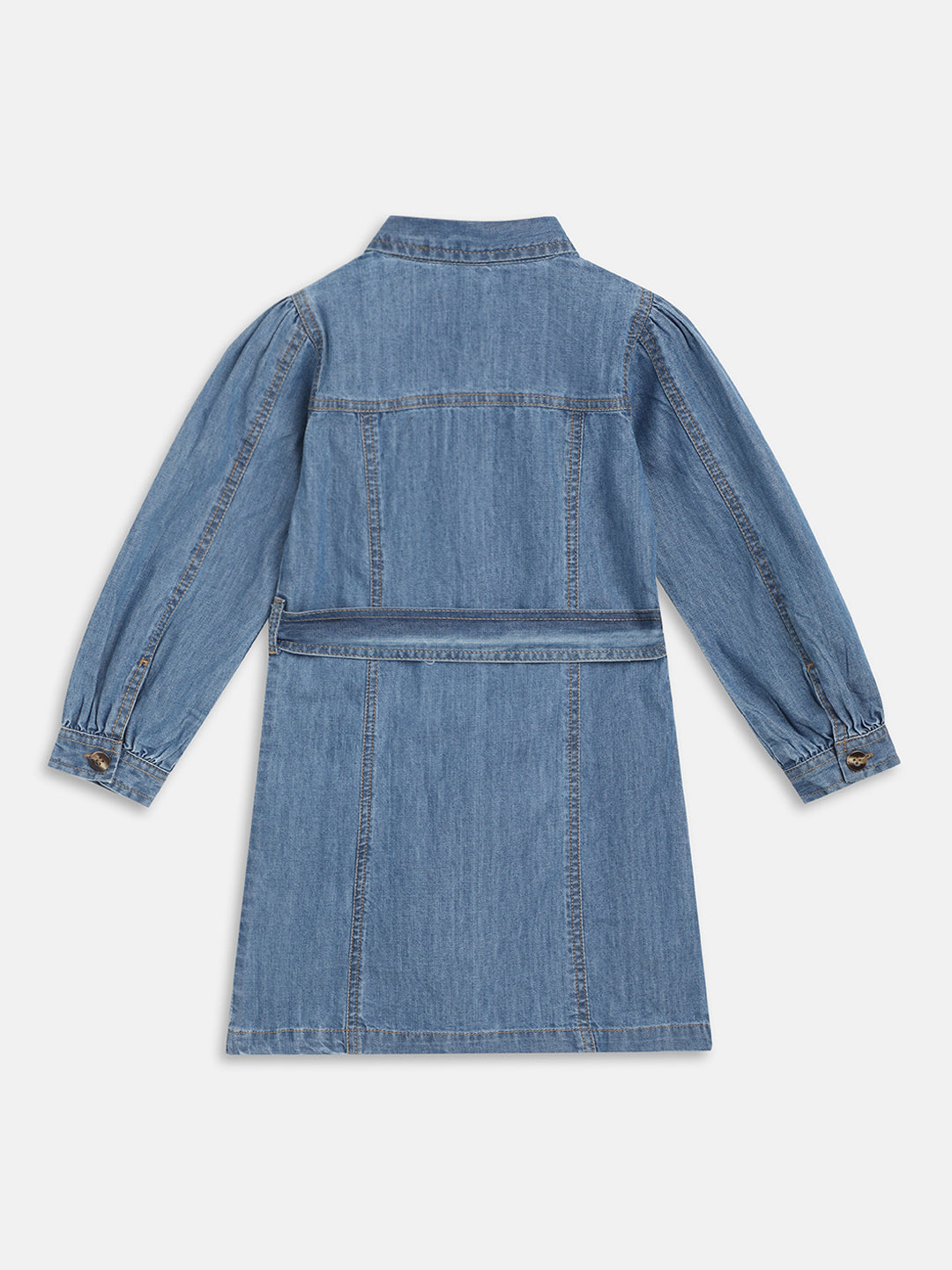 Blue Giraffe Girls Blue Washed Spread Collar Full Sleeves A-Line Dress