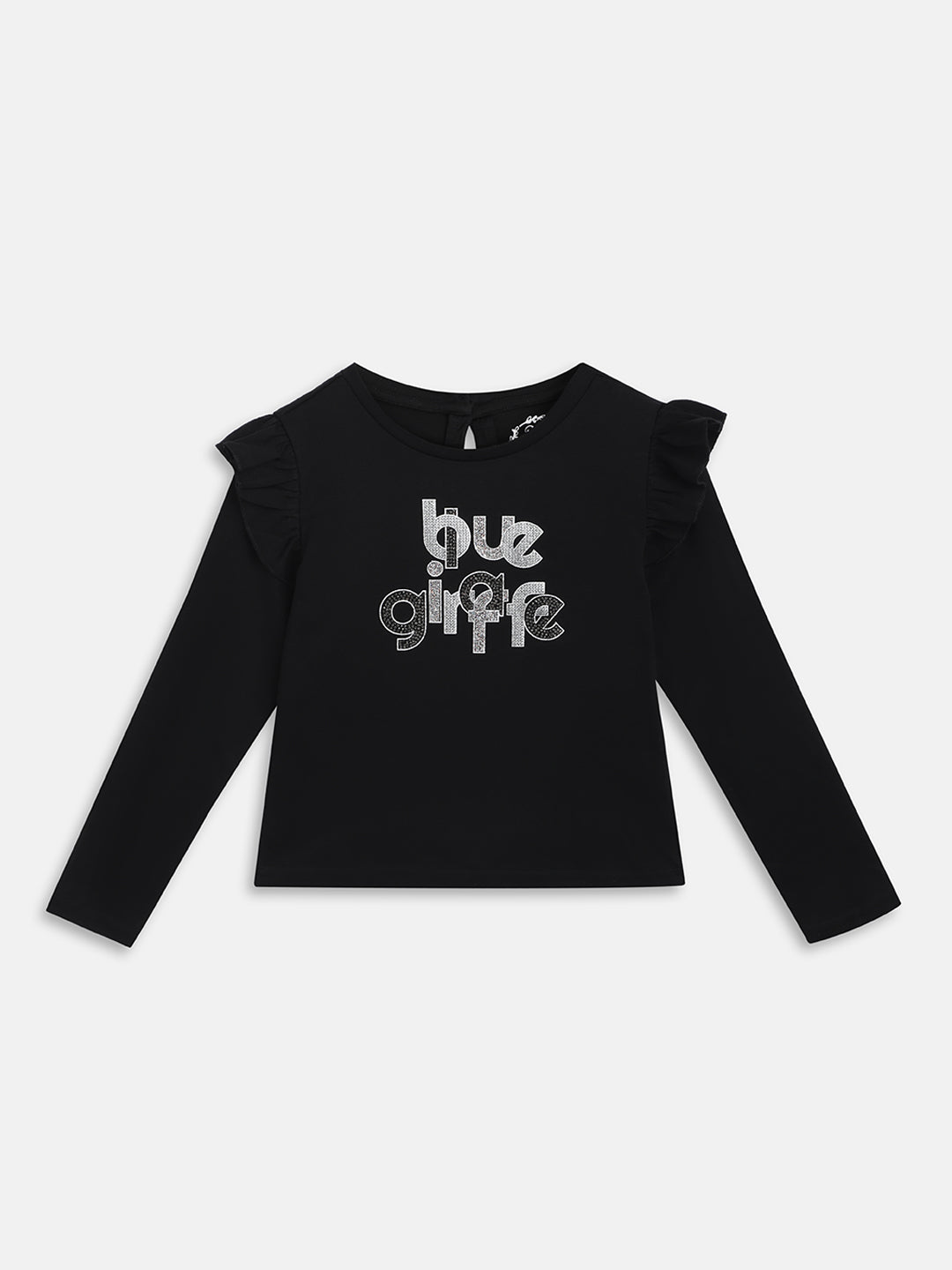 Blue Giraffe Girls Black Printed Round Neck Full Sleeves T-Shirt