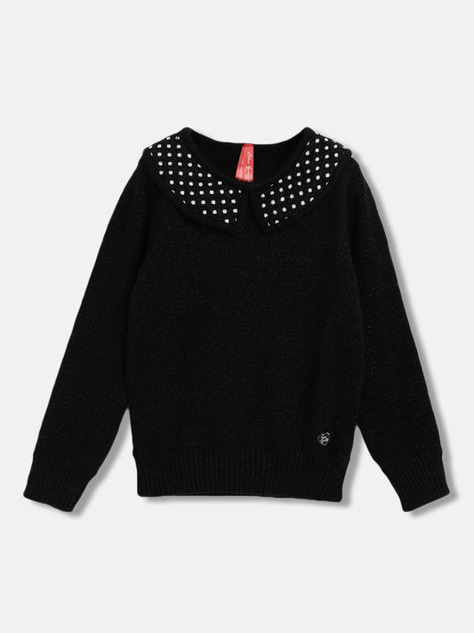 Blue Giraffe Girls Black Solid Peter Pan Collar Full Sleeves Pullover Style Sweater