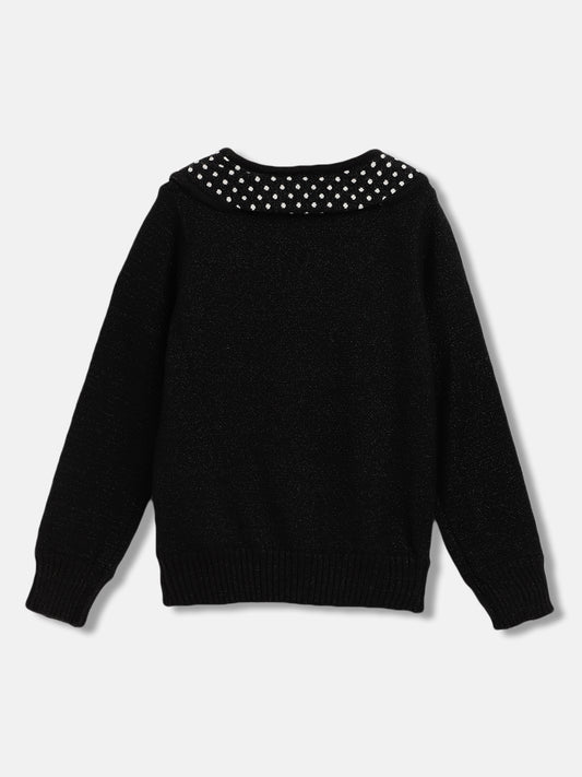 Blue Giraffe Girls Black Solid Peter Pan Collar Full Sleeves Pullover Style Sweater