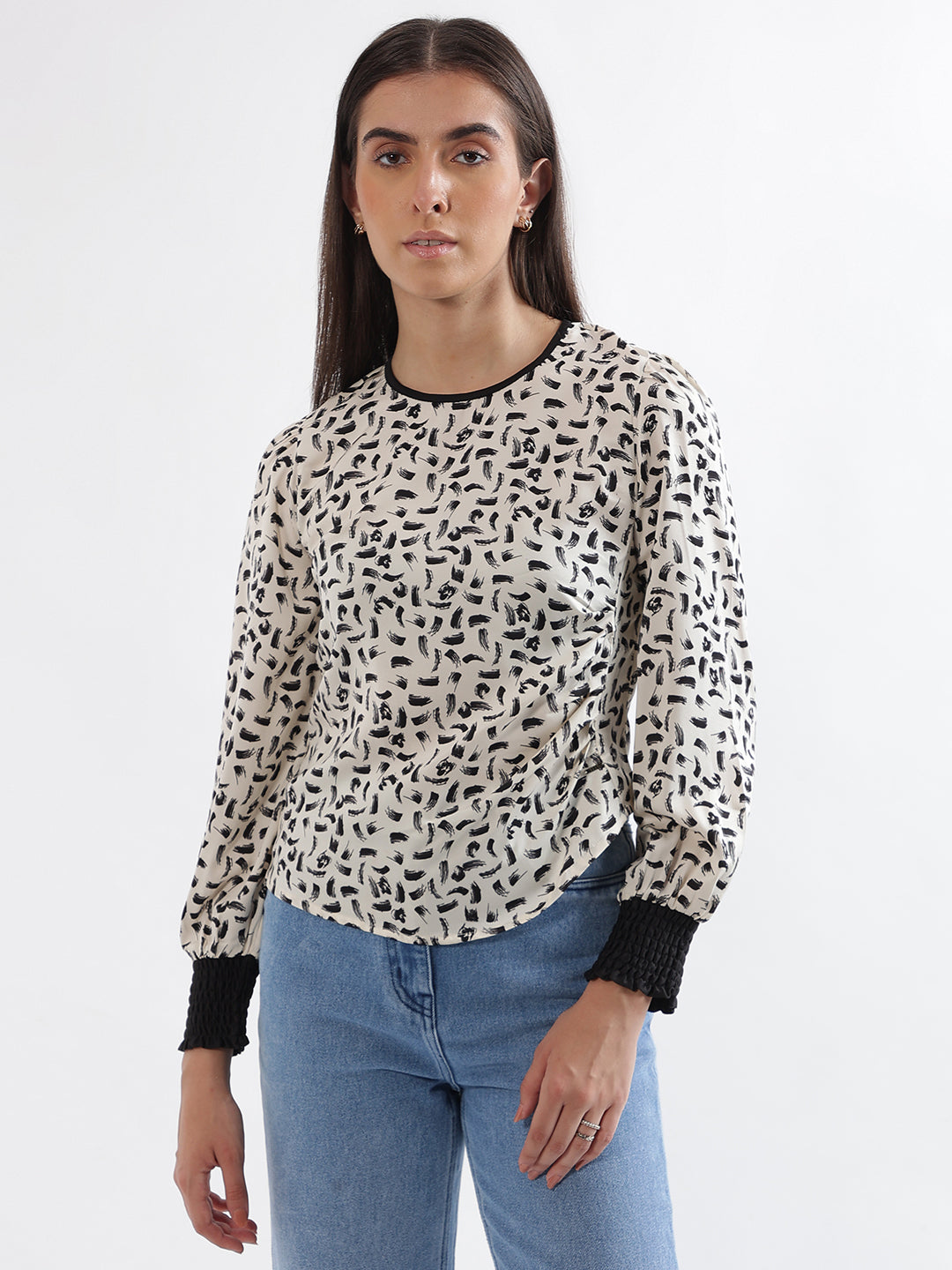 Elle Women Cream Printed Round Neck Full Sleeves Top