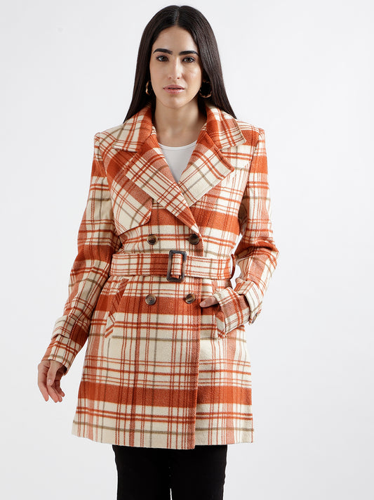 Elle Women Rust Checked Notched Collar Full Sleeves Double Breasted Overcoat