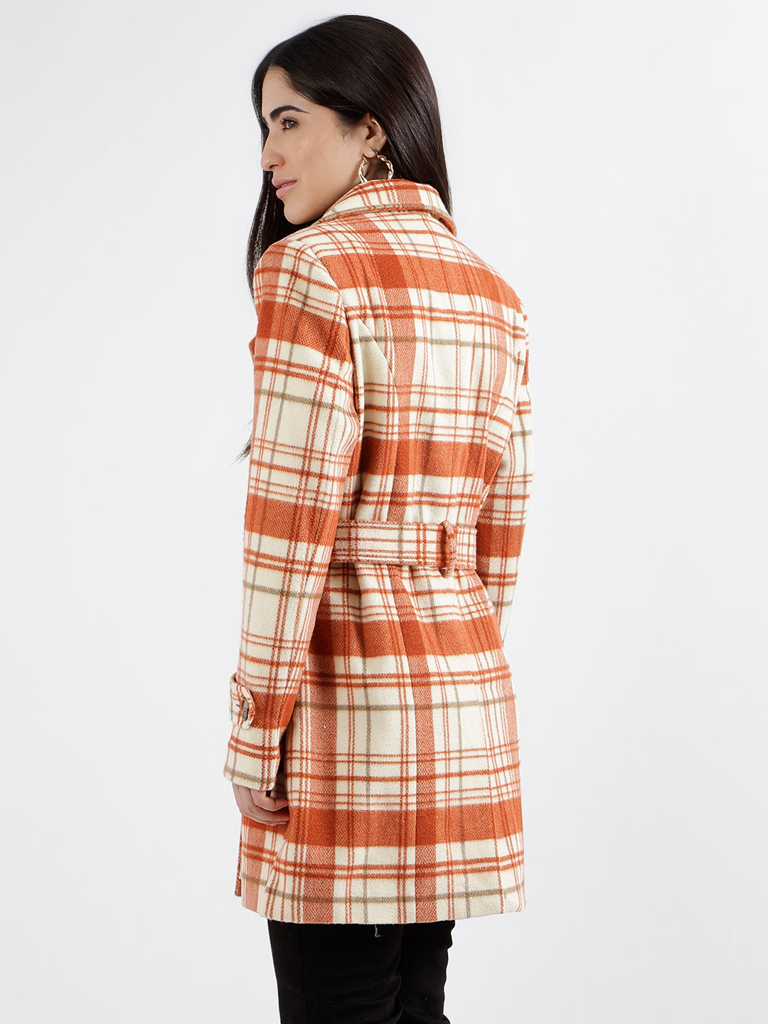 Elle Women Rust Checked Notched Collar Full Sleeves Double Breasted Overcoat