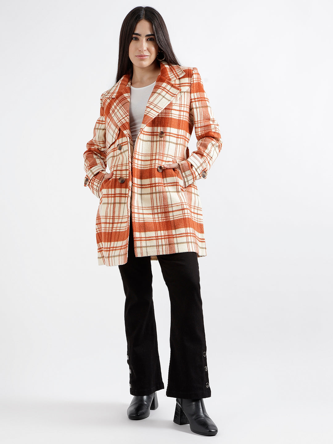 Elle Women Rust Checked Notched Collar Full Sleeves Double Breasted Overcoat