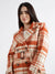 Elle Women Rust Checked Notched Collar Full Sleeves Double Breasted Overcoat