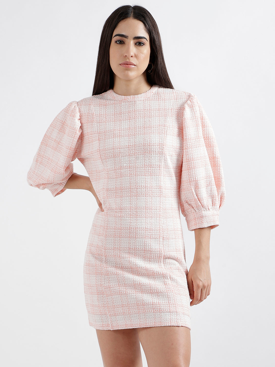 Elle Women Pink Checked Round Neck Short Sleeves Bodycon Dress