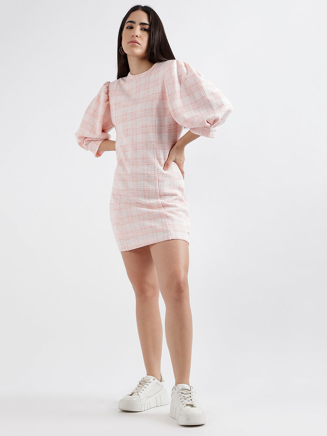 Elle Women Pink Checked Round Neck Short Sleeves Bodycon Dress