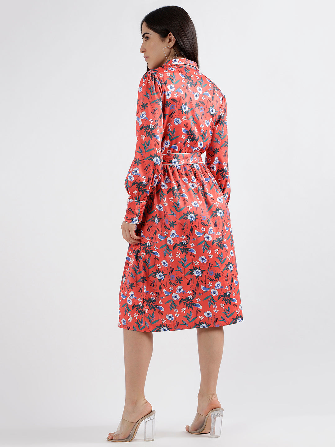 Elle Women Red Printed Spread Collar Full Sleeves Shirt Dress