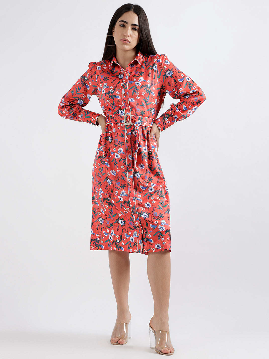 Elle Women Red Printed Spread Collar Full Sleeves Shirt Dress