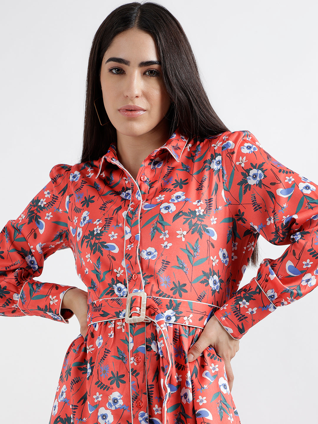 Elle Women Red Printed Spread Collar Full Sleeves Shirt Dress