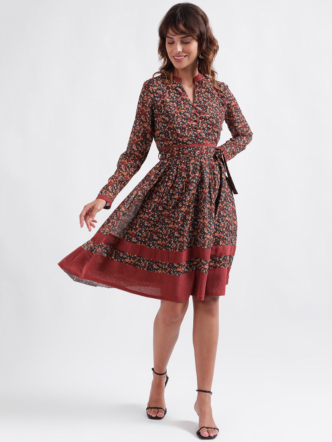 Elle Women Multi-Color Printed V-Neck Full Sleeves Fit And Flare Dress