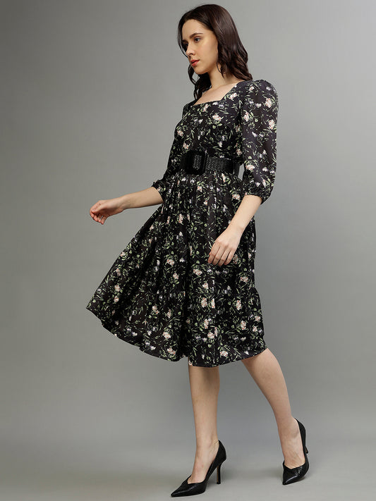 Elle Women Black Printed Square Neck 3/4th Sleeves Fit And Flare Dress