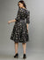 Elle Women Black Printed Square Neck 3/4th Sleeves Fit And Flare Dress