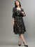 Elle Women Black Printed Square Neck 3/4th Sleeves Fit And Flare Dress