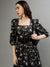 Elle Women Black Printed Square Neck 3/4th Sleeves Fit And Flare Dress