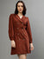 Elle Women Rust Solid Notched Collar Full Sleeves A-Line Dress