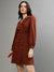 Elle Women Rust Solid Notched Collar Full Sleeves A-Line Dress