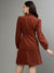 Elle Women Rust Solid Notched Collar Full Sleeves A-Line Dress