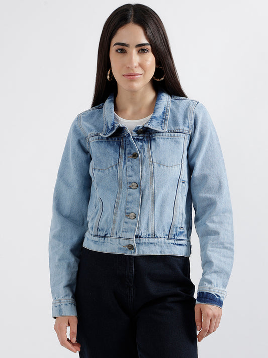 Elle Women Blue Washed Spread Collar Full Sleeves Denim Jacket