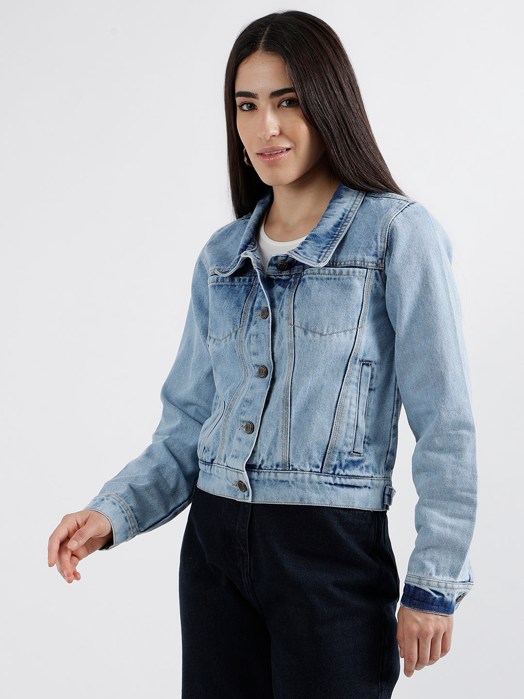 Elle Women Blue Washed Spread Collar Full Sleeves Denim Jacket