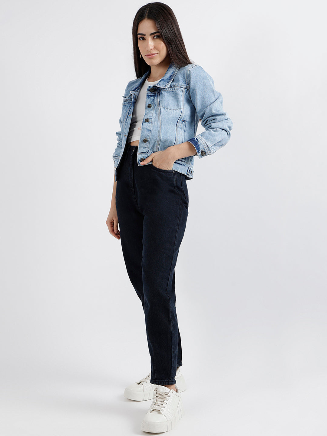 Elle Women Blue Washed Spread Collar Full Sleeves Denim Jacket