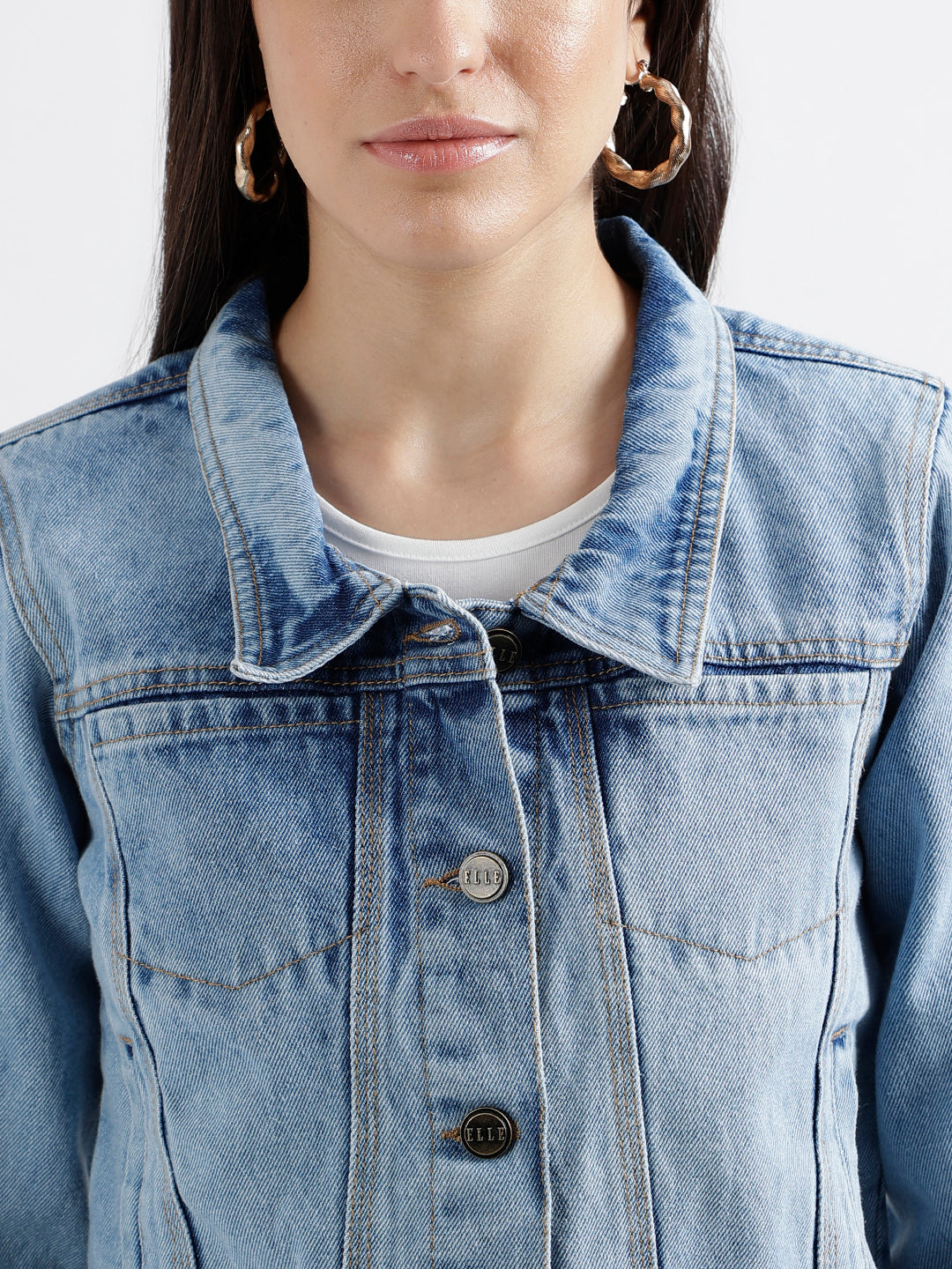 Elle Women Blue Washed Spread Collar Full Sleeves Denim Jacket