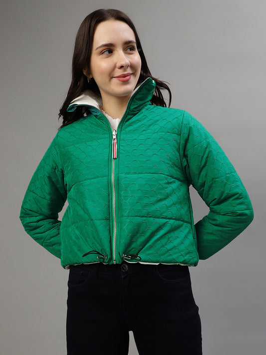 Elle Women Green Self-Design Stand Collar Full Sleeves Reversible Jacket