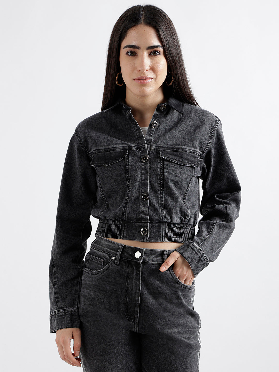 Elle Women Grey Washed Spread Collar Full Sleeves Denim Jacket