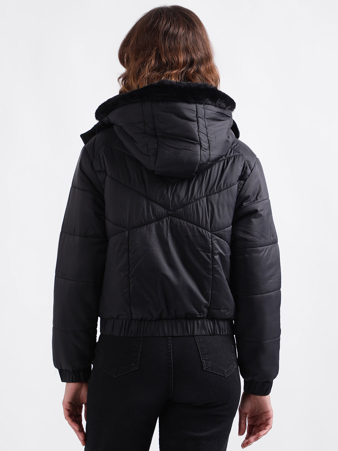 Elle Women Black Solid Detachable Hood Full Sleeves Puffer Jacket