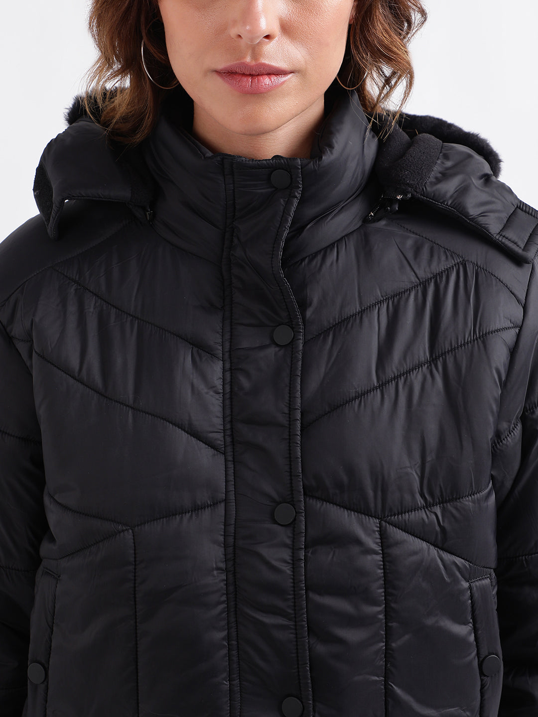 Elle Women Black Solid Detachable Hood Full Sleeves Puffer Jacket