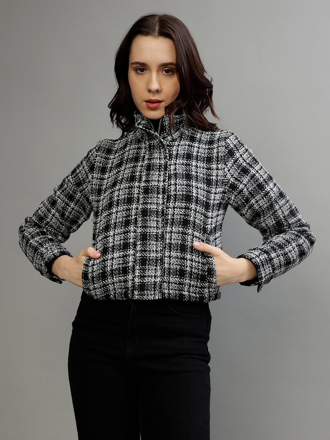 Elle Women Black Checked Stand Collar Full Sleeves Jacket