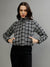 Elle Women Black Checked Stand Collar Full Sleeves Jacket