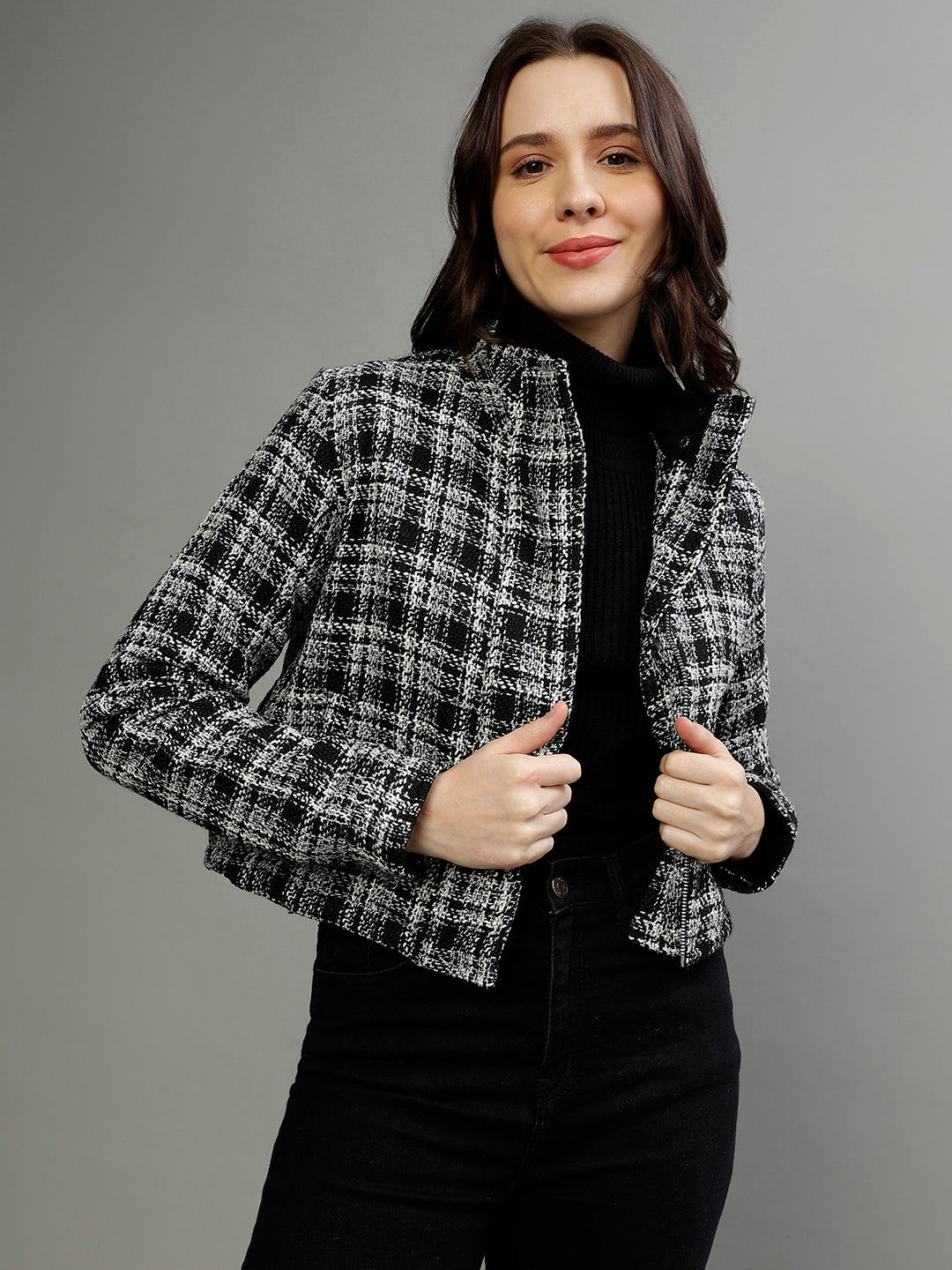 Elle Women Black Checked Stand Collar Full Sleeves Jacket