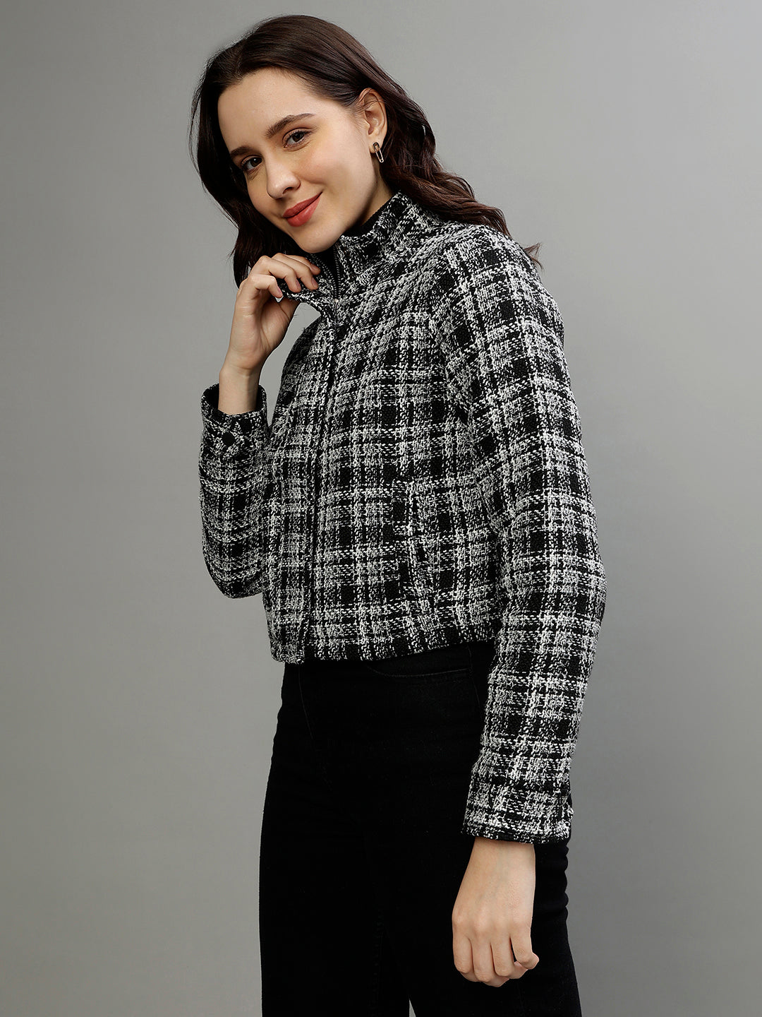 Elle Women Black Checked Stand Collar Full Sleeves Jacket