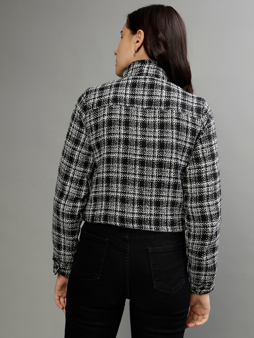 Elle Women Black Checked Stand Collar Full Sleeves Jacket