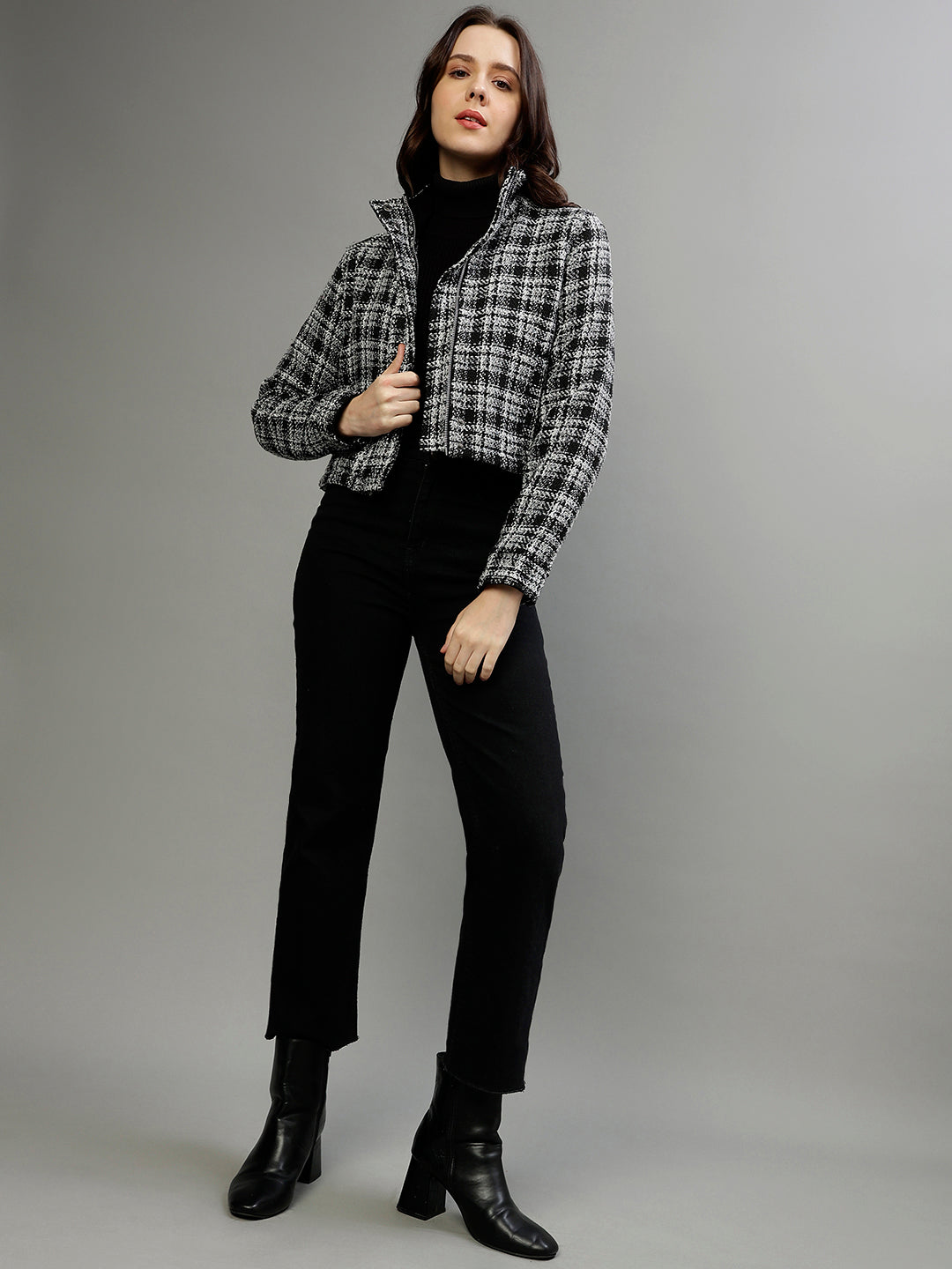 Elle Women Black Checked Stand Collar Full Sleeves Jacket