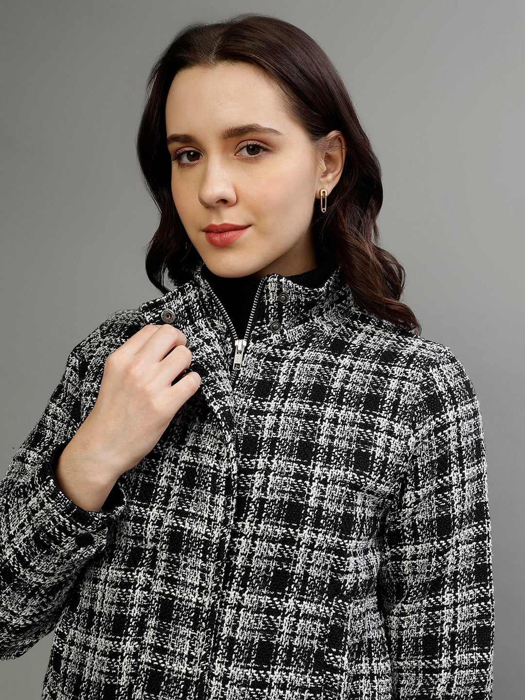 Elle Women Black Checked Stand Collar Full Sleeves Jacket