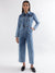 Elle Women Blue Washed Spread Collar Full Sleeves Basic Jumpsuit